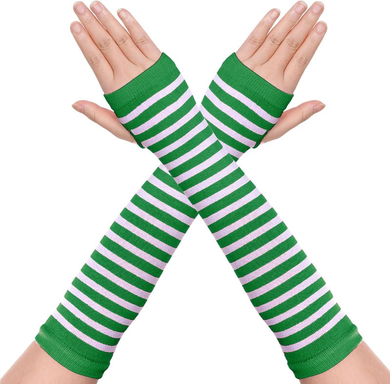 Tongcloud 1 Pair Womens Girls Punk Gothic Striped Knitted Arm Warmers Fingerless Gloves for Halloween Costume - Image 1